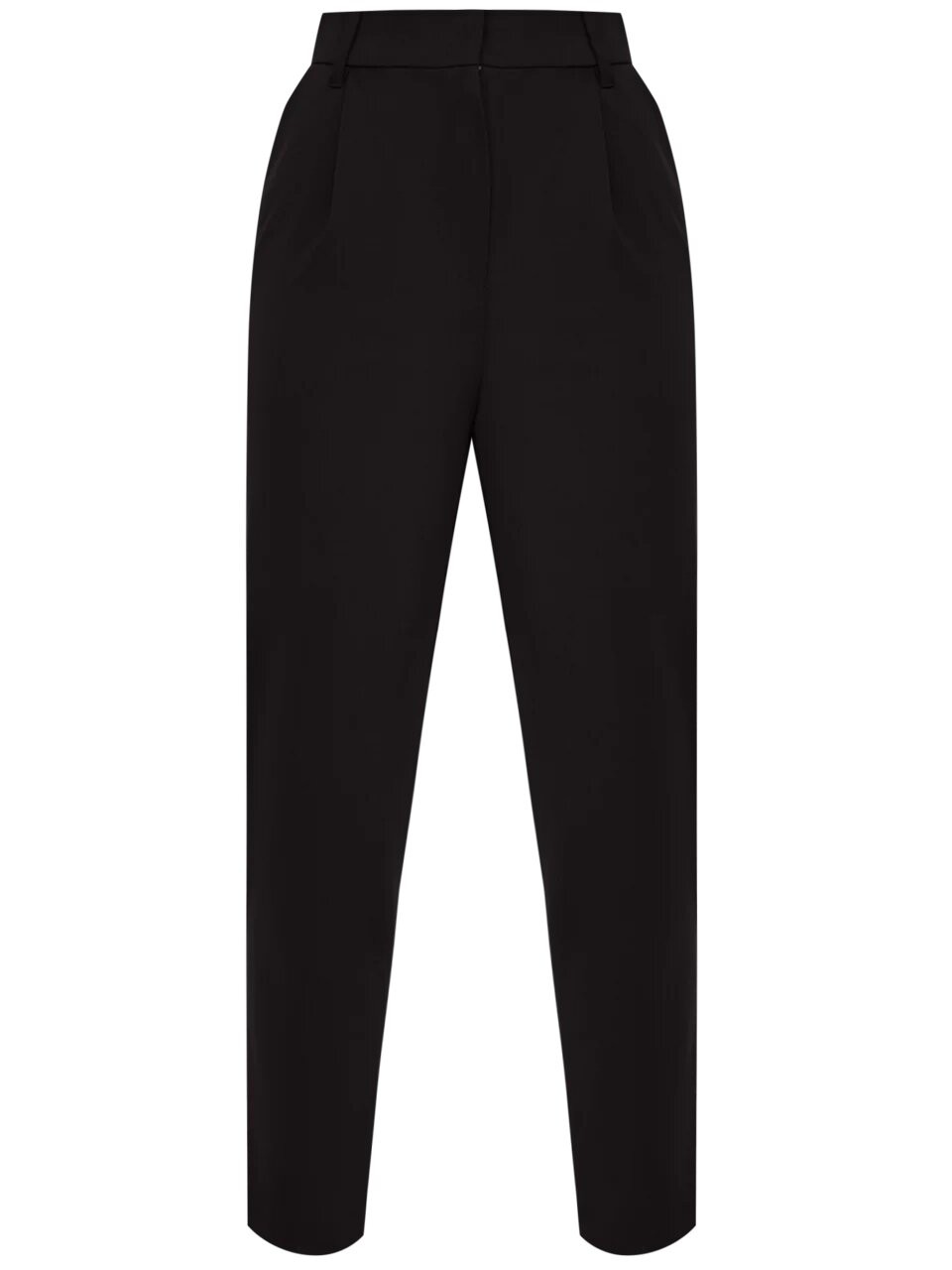 


Брюки-бананы из костюмной ткани оформлены пришивным поясом, шлевками для ремня и мягкими сборками. Карманы-листочки сзади.

На модели размер M