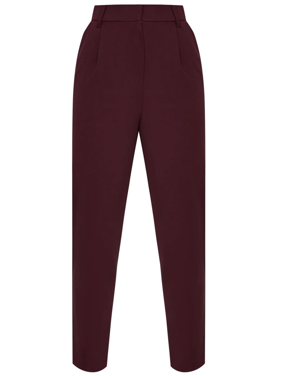 


Брюки-бананы из костюмной ткани оформлены пришивным поясом, шлевками для ремня и мягкими сборками. Карманы-листочки сзади.

На модели размер M