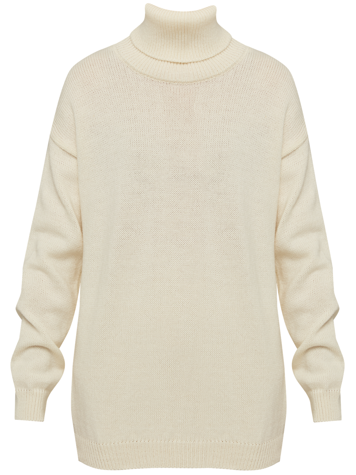 Свитер oversize свободного кроя. Модель дополнена высоким воротом и резинками на рукавах и внизу. Сочетайте свитер с джинсами и брюками, заправляя край спереди, чтобы подчеркнуть талию и создать немного небрежный образ.

На модели размер one size