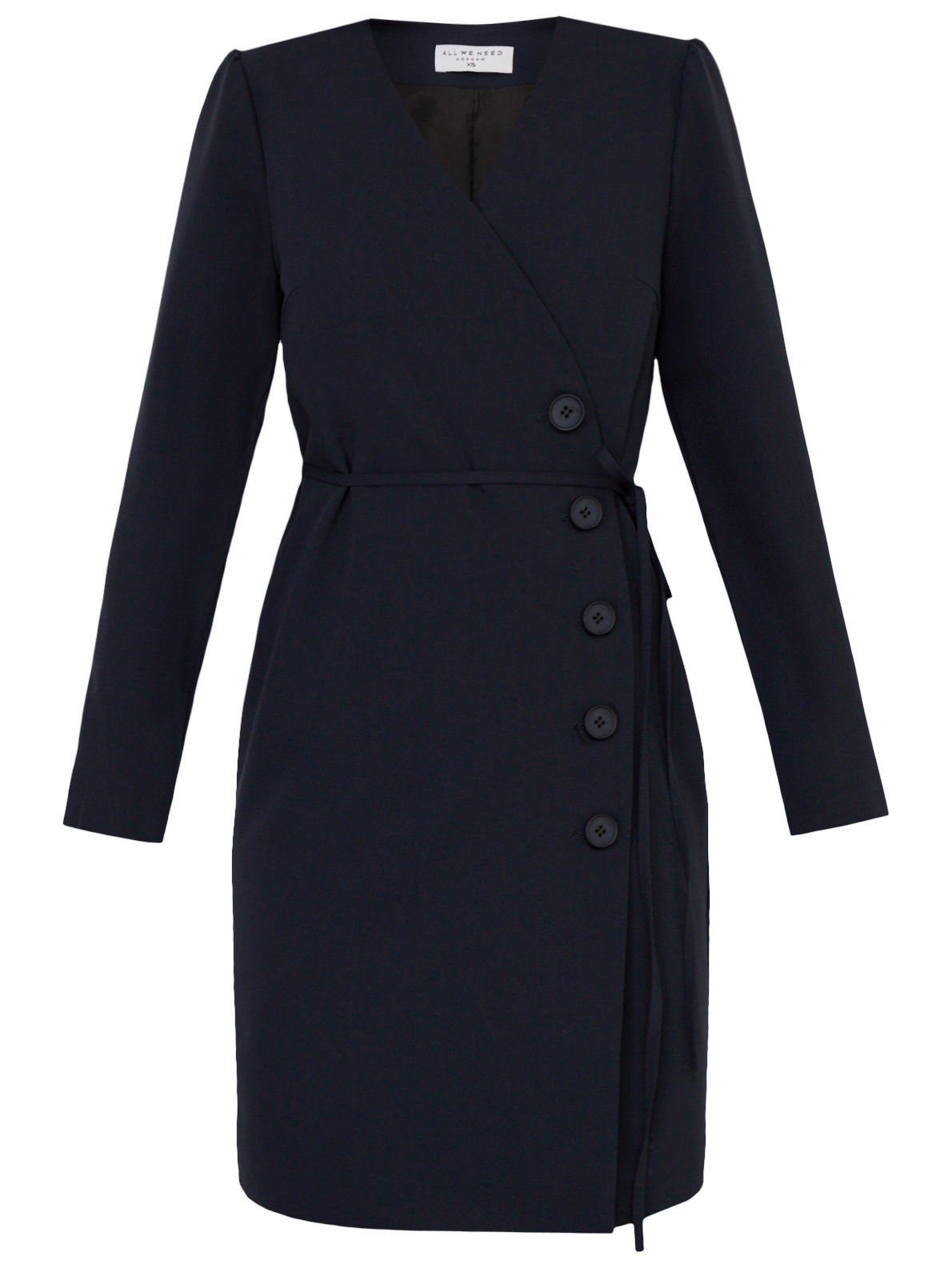 


Платье с драпировкой на запах и V-образным вырезом выполнено из однотонной ткани. Планка-застежка на крупные однотонные пуговицы сбоку. Тонкий пояс на талии.

На модели размер XS