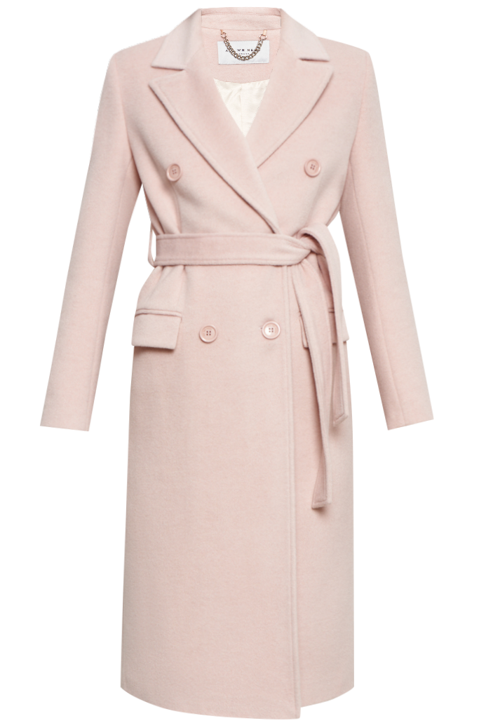 Классическое пальто двубортного кроя с втачными рукавами и широкими лацканами. Карманные клапаны по бокам, пуговицы в тон.

На модели размер XS