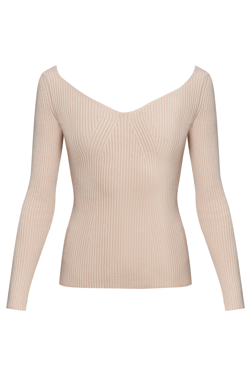 Джемпер из тонкого трикотажа с V-образным вырезом декольте. Приталенный крой.

На модели размер XS