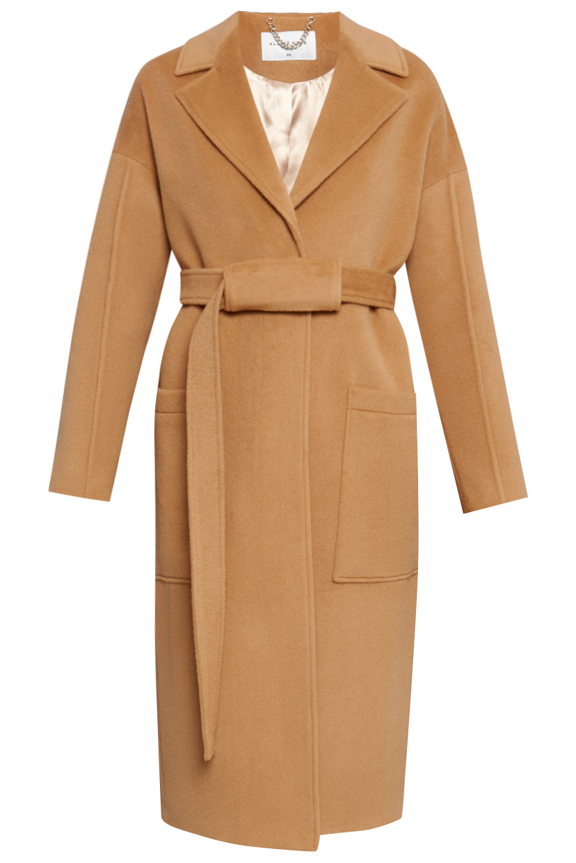 Пальто-халат однобортного кроя со спущенным рукавом и широкими лацканами. Глубокие накладные карманы по бокам, декоративная деталь на ремне.

На модели размер XS