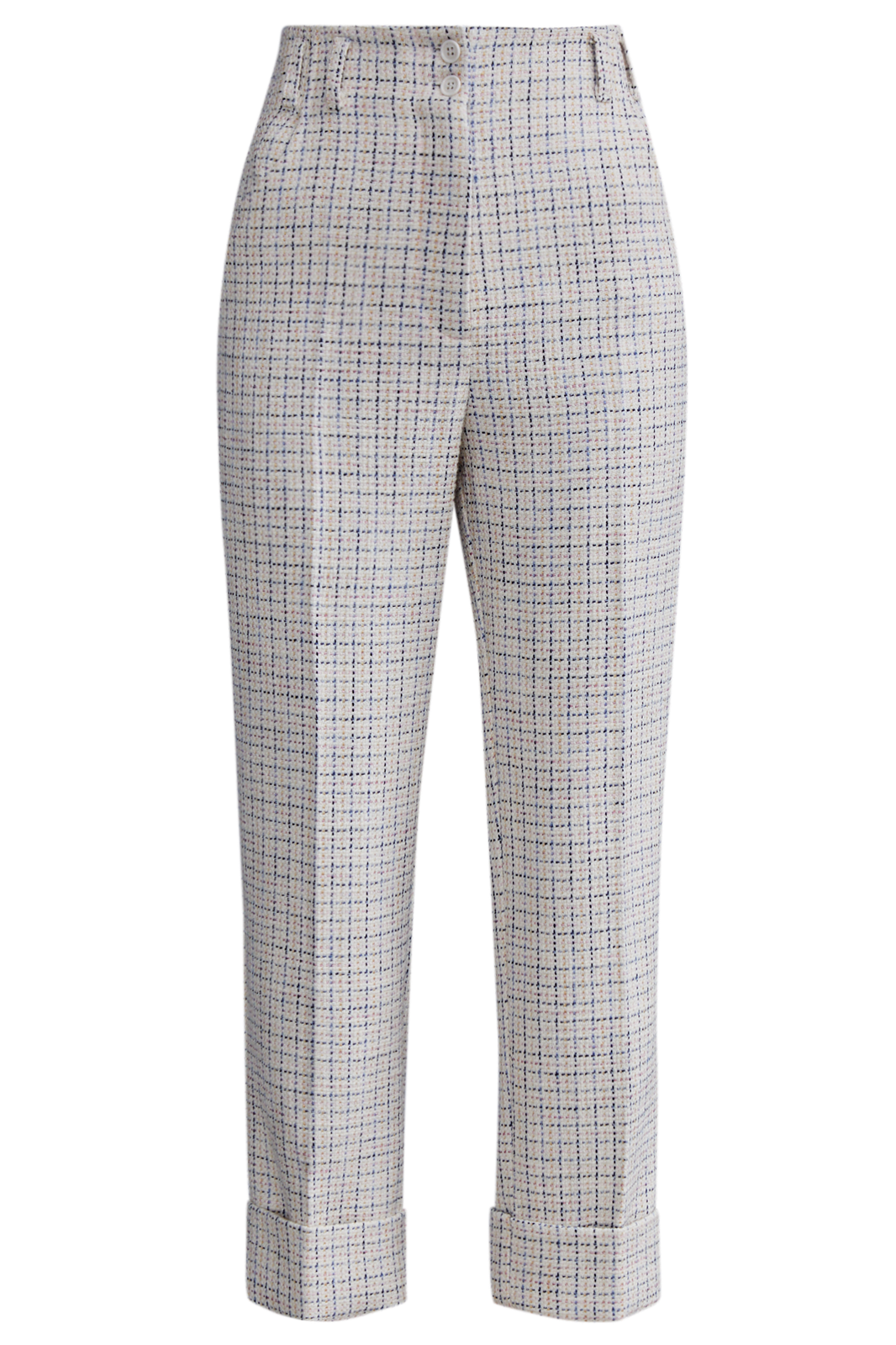 Костюмные брюки прямого кроя с прорезными боковыми карманами, шлевками для ремня и отворотами по низу.

На модели размер XS