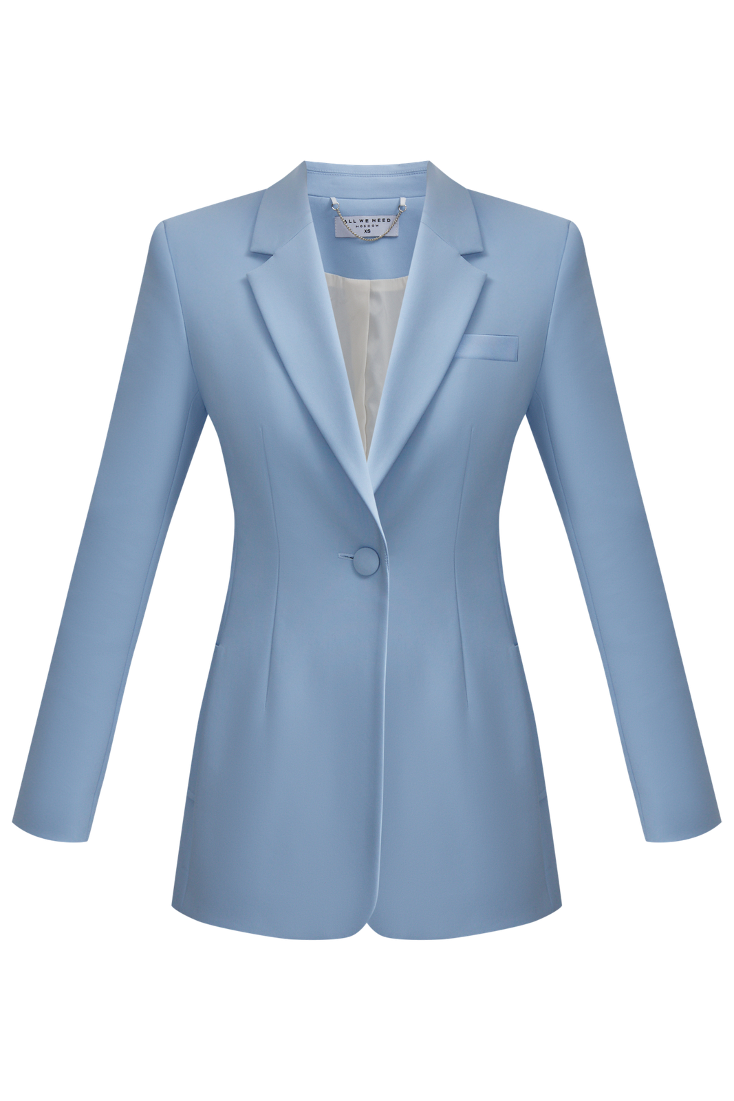 Приталенный костюмный жакет однобортного кроя на одной пуговице. Заостренные лацканы, имитация нагрудного кармана.

На модели размер XS