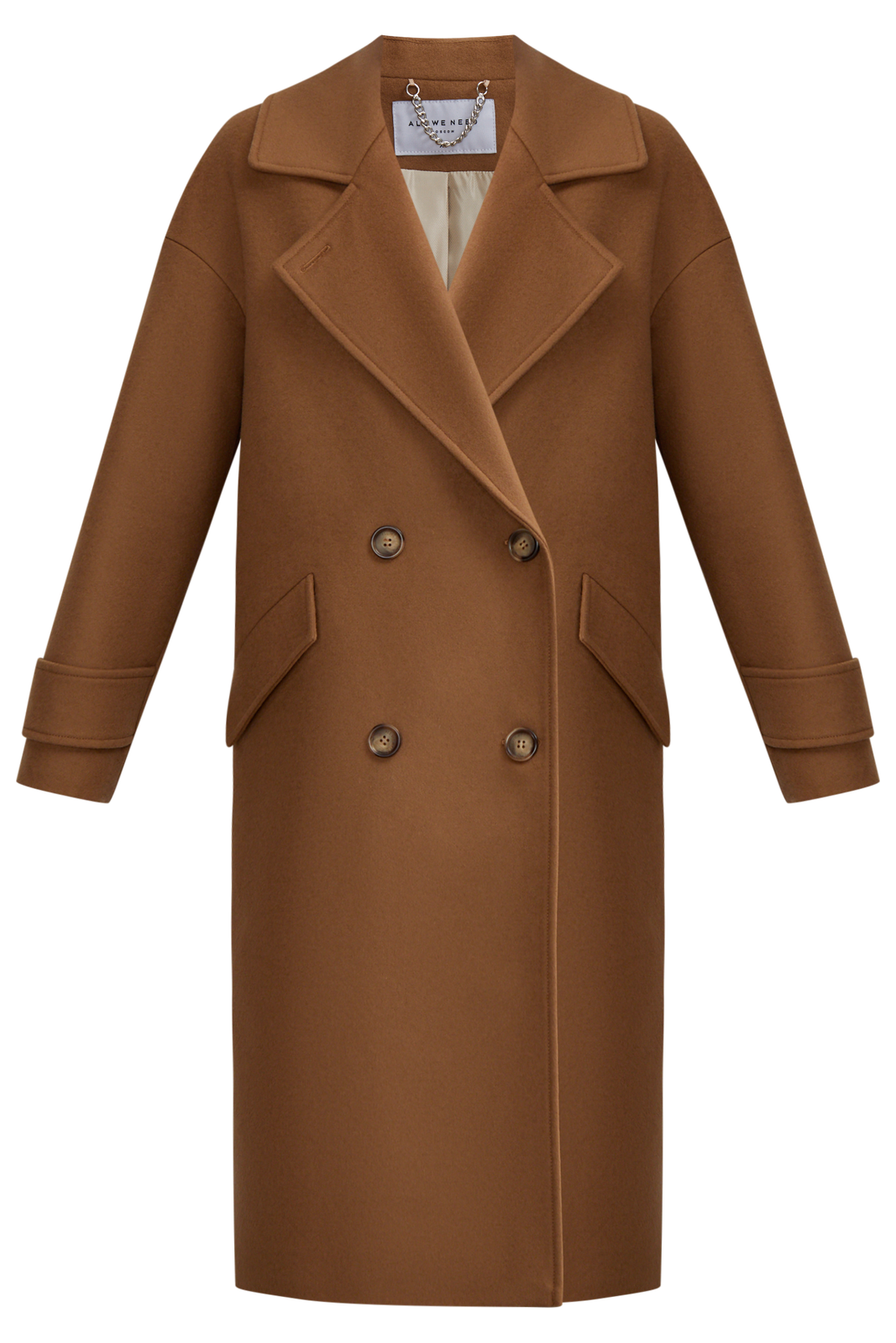 Пальто-кокон двубортного кроя с покатым рукавом и декоративными деталями: карманными клапанами, хлястиками на манжетах и лацканами у воротника.

На модели размер XS