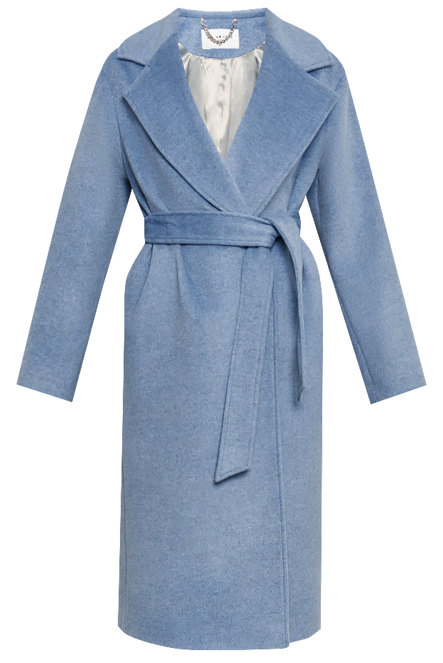 Утонченное пальто-халат А-силуэта. Модель дополнена широким поясом в тон основной ткани.

На модели размер XS