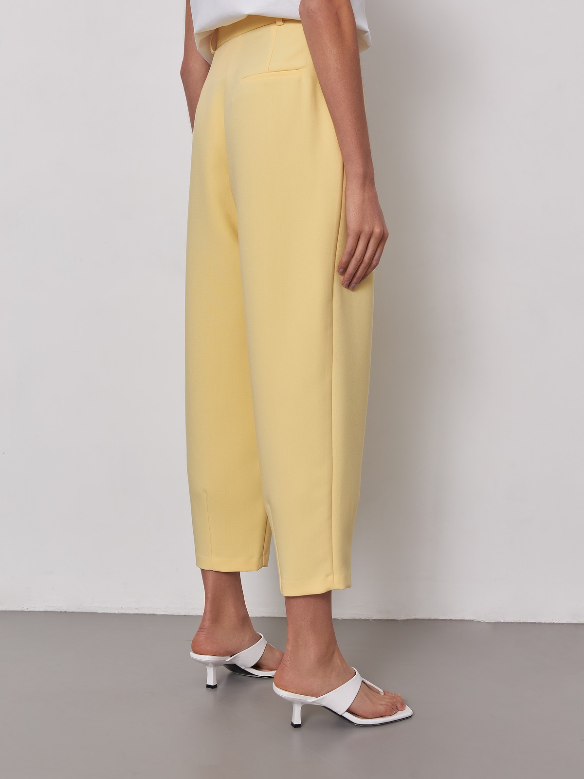 


Брюки-бананы из костюмной ткани с высокой посадкой на талии. Мягкие сборки у пояса, скрытая застежка на молнию и крючок.

На модели размер XS

