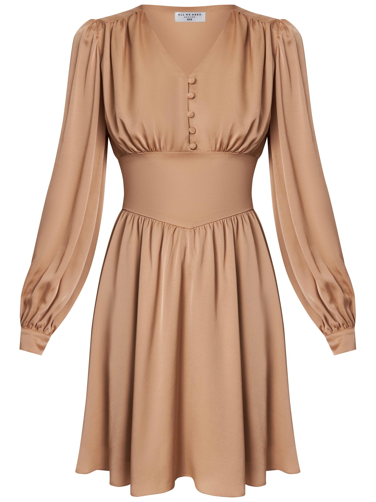 


Мини платье из струящейся ткани с декоративными сборками по всей длине: по линии декольте, объемным рукавам, манжетам и юбке. Застежка на обтяжные пуговицы усиливает романтичное настроение образа.

На модели размер XS