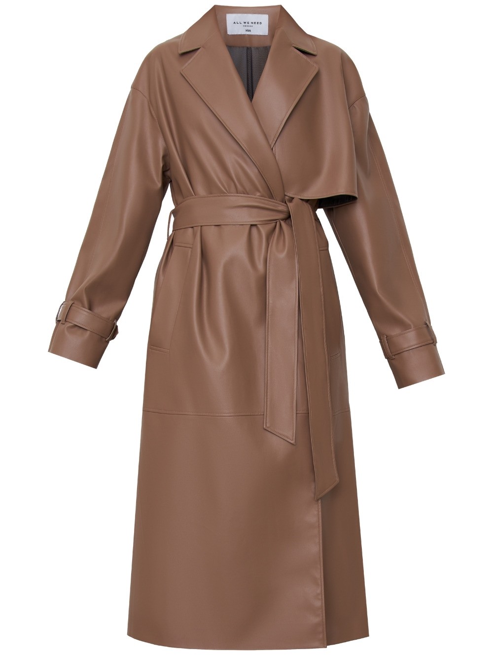 Двубортный плащиз эко-кожи - новая классика современного гардероба. Модель свободной посадки акцентирована отлетными деталями, поясом на талии и скошенными прорезными карманами с широкими листочками.

На модели размер XS/S