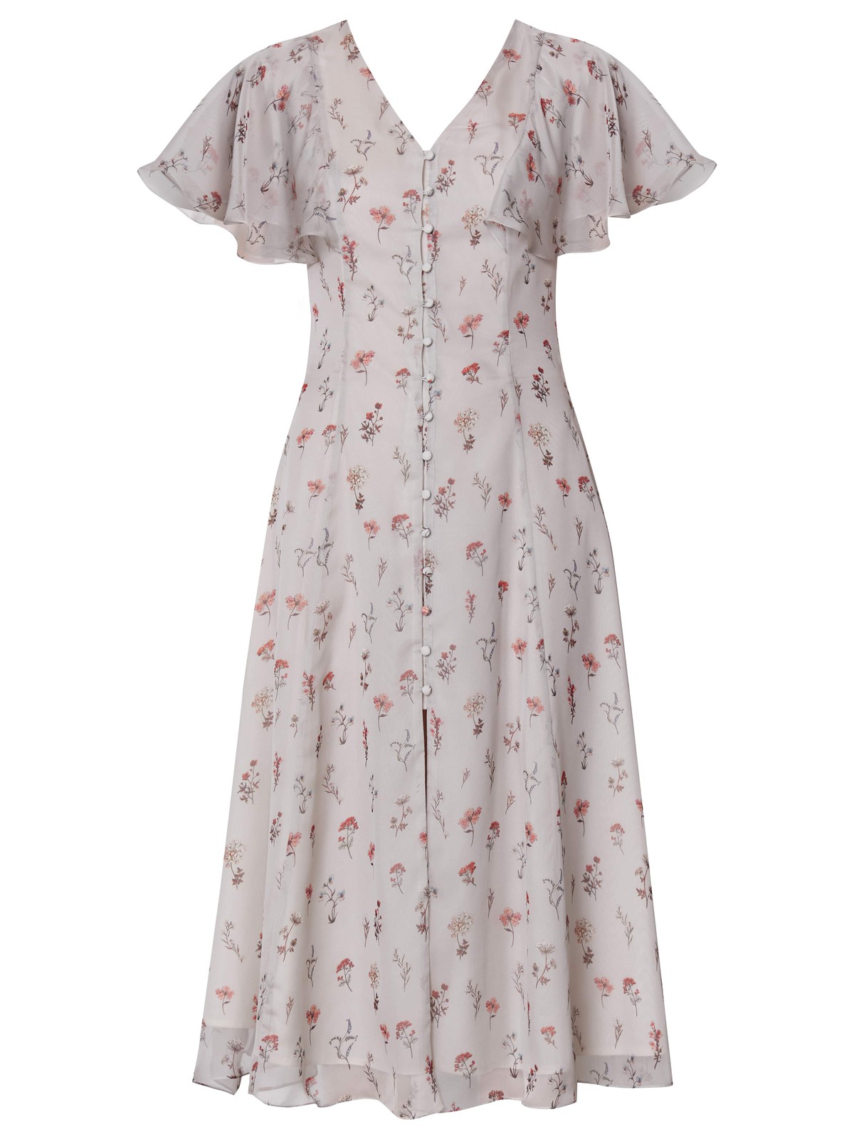 Платье миди из струящегося полупрозрачного шифона с принтом. Многослойные рукава-крылышки вторят сборкам на подоле платья и придают романтичное настроение. Аккуратный V-образный вырез переходит в застежку на обтяжные пуговицы. Идеальный летний силуэт.

На модели размер S