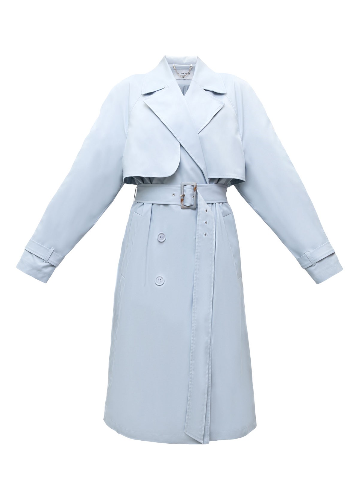 Тренч, цвет: серо-голубой Allweneed Плащдвубортного кроя с застежкой на крупные однотонные пуговицы. Отлетная кокетка, А-силуэт и длинный пояс на талии добавляют образу легкости, а цветовая гамма создает поистине весеннее настроение.