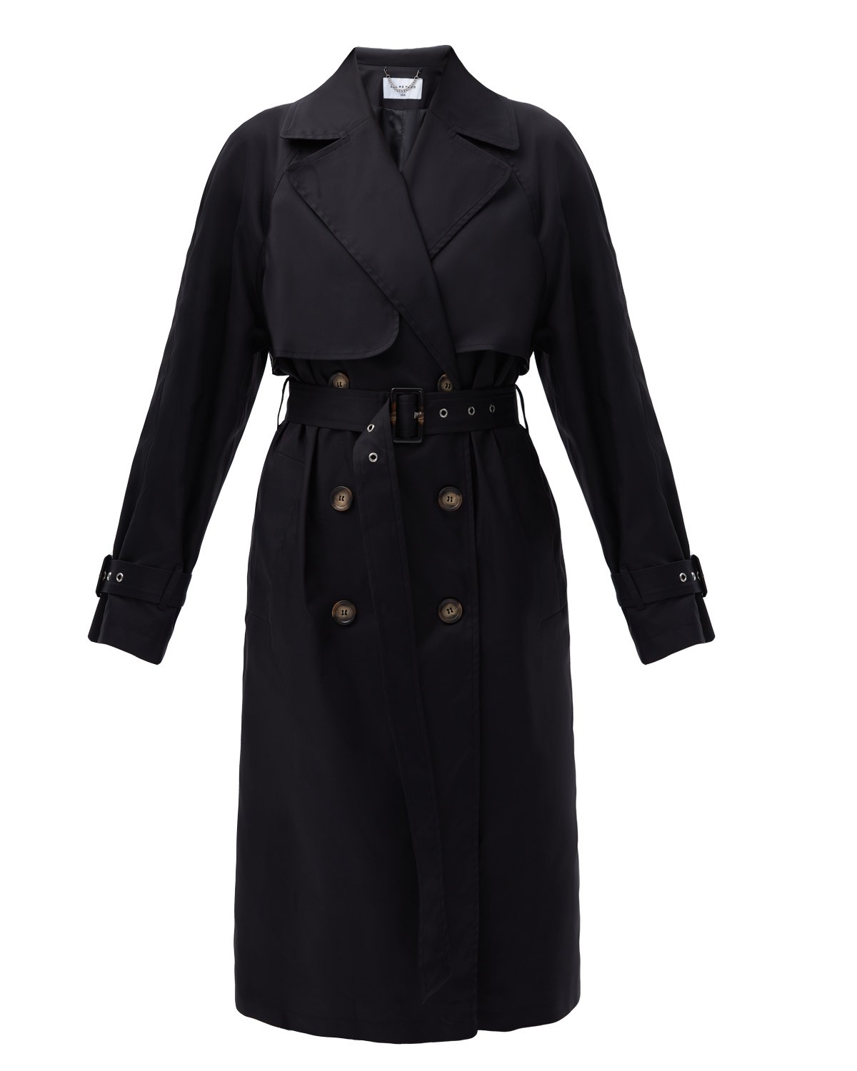 Тренч, цвет: Черный Allweneed Плащдвубортного кроя с застежкой на крупные однотонные пуговицы. Отлетная кокетка, А-силуэт и длинный пояс на талии добавляют образу легкости, а цветовая гамма создает поистине весеннее настроение.