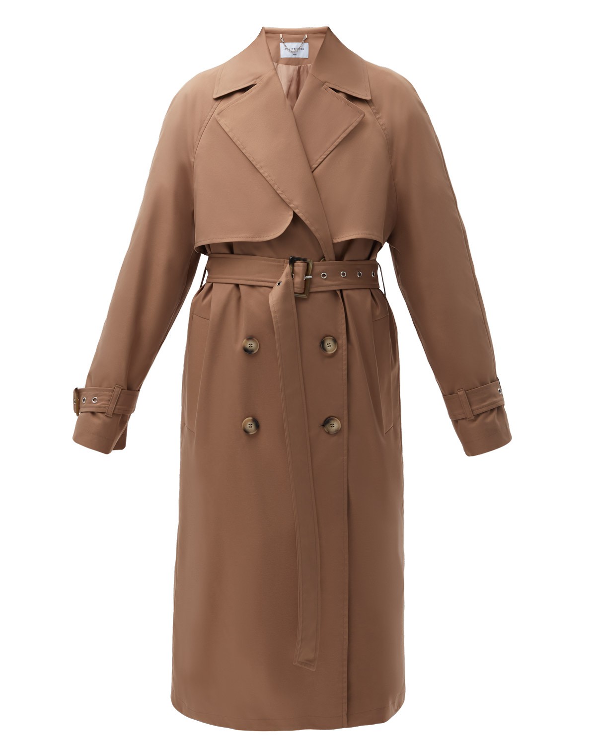 Тренч, цвет: кэмел Allweneed Плащдвубортного кроя с застежкой на крупные однотонные пуговицы. Отлетная кокетка, А-силуэт и длинный пояс на талии добавляют образу легкости, а цветовая гамма создает поистине весеннее настроение.