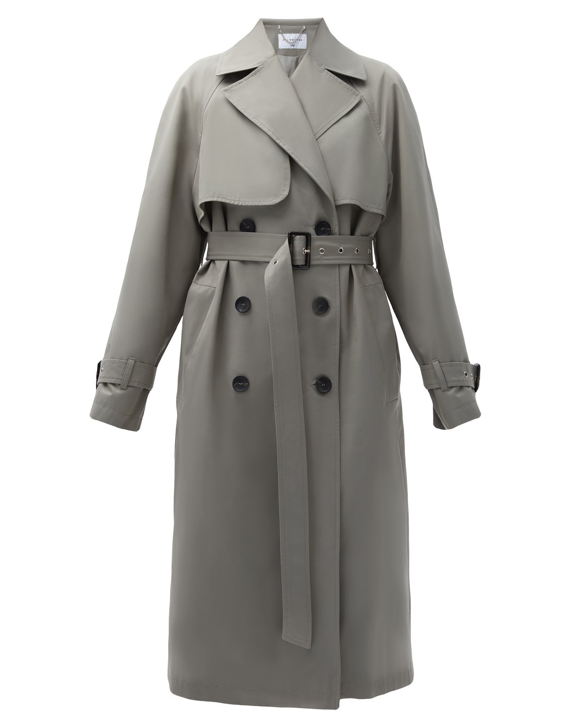 Тренч, цвет: серо-зеленый Allweneed Плащдвубортного кроя с застежкой на крупные однотонные пуговицы. Отлетная кокетка, А-силуэт и длинный пояс на талии добавляют образу легкости, а цветовая гамма создает поистине весеннее настроение.