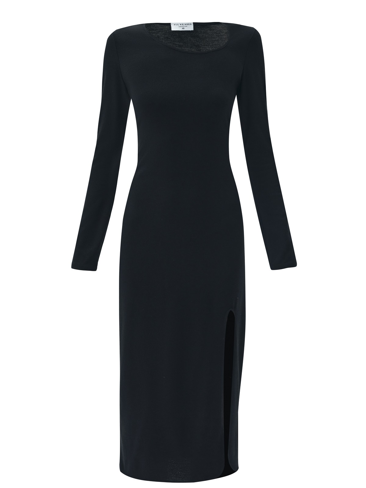 Облегающее платье миди с разрезом, цвет: Черный Allweneed Облегающее платье длины миди с разрезом. Мягкая трикотажная ткань приятно касается тела и позволяет ощущать комфорт. Модель имеет длинный рукав и круглый вырез. Вы можете надевать платье на работу, на встречи с подругами или когда идёте на романтический ужин. Мы рекомендуем подобрать к платью высокие сапоги.
