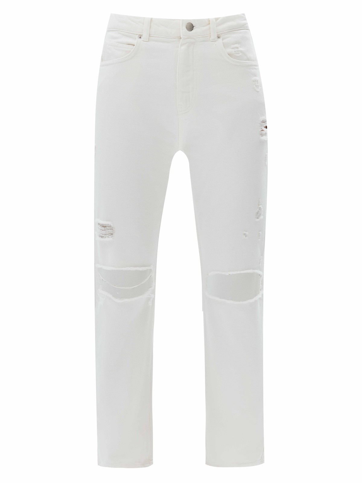 Джинсы рваные, цвет: белый Allweneed Джинсы прямого кроя с посадкой на талии. Широкие разрезы и эффект потёртостей в винтажном стиле. Четыре кармана для разных мелочей. Застёжка на молнию и металлическую пуговицу. Плотный деним позволяет держать форму и красиво облегать линию бедра. Мы выполнили модель из нашего премиального 100% хлопкового денима с авторской варкой и брендированной фурнитурой высокого качества.