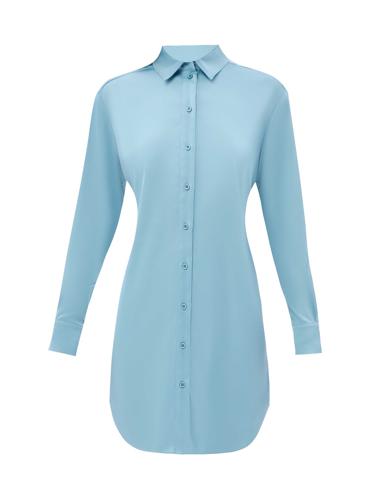 Платье-рубашка мини, цвет: серо-голубой Allweneed Лёгкое платье-рубашка длины мини из гладкой слегка просвечивающей ткани. Застёжка на пуговицы, манжеты и классический отложной воротник. Важная деталь пояс-завязка для игры с фасоном. Ткань нежно касается кожи и обеспечивает комфорт. Мы выбрали два нежных оттенков для модели: сливочно-молочный и голубой. В раннюю весну носите с грубыми ботинками или сапогами, в тёплое время сочетайте со спортивными сандалиями или босоножками. И помните про актуальную комбинацию платья с брюками эта модель идеально подходит для такой стилизации.