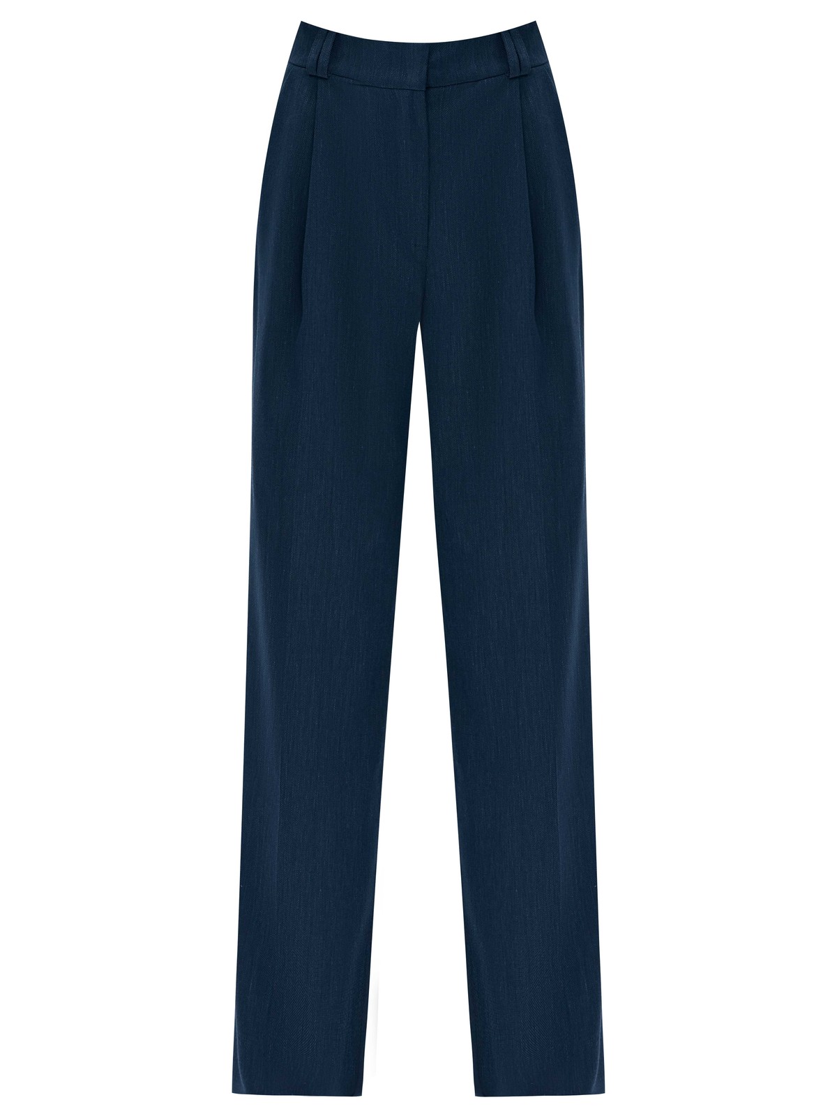 Широкие брюки полной длины из костюмной ткани с добавлением льна. Ткань с лёгким сатиновым блеском, которая красиво струится при движении. Посадка на талии и скрытая застёжка на молнию и крючок. Такой фасон отлично вытягивает силуэт и делает ноги визуально стройнее. Рекомендуем сочетать с жакетом в тон.